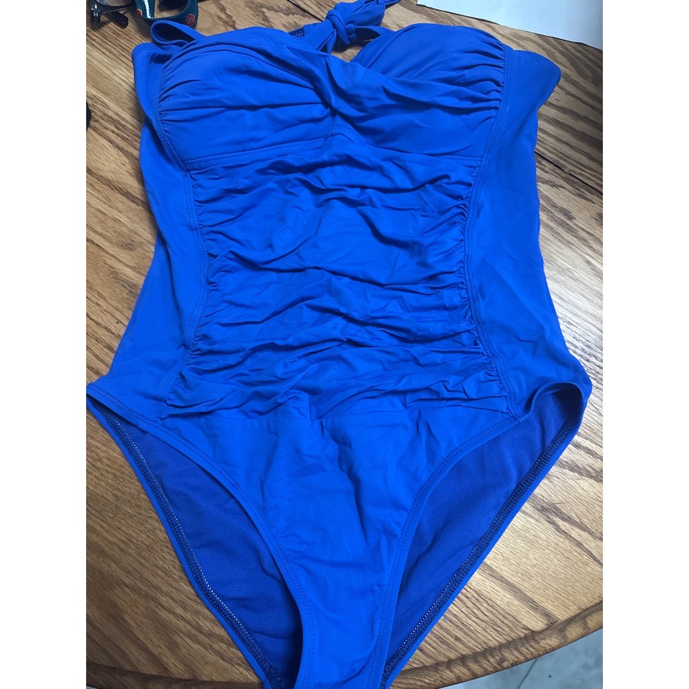 Liz Claiborne Blue Ruched One Piece Swimsuit Halter Neck Size 10 Slimming Front